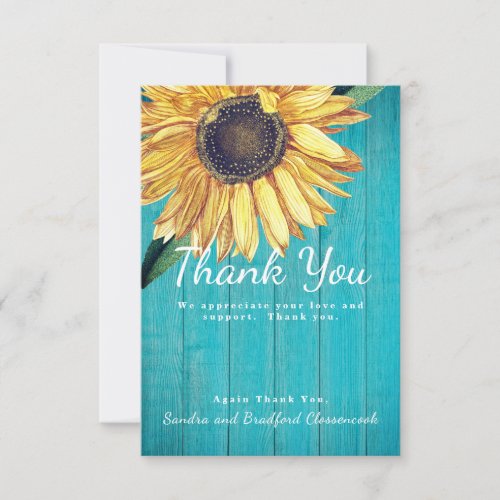Personalize Custom Rustic SunflowerTeal Barn Wood Thank You Card