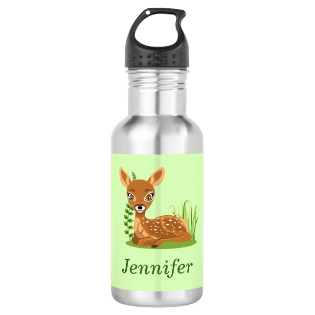 Personalize Cute Baby Deer Green Back to School Stainless Steel Water Bottle (Front)