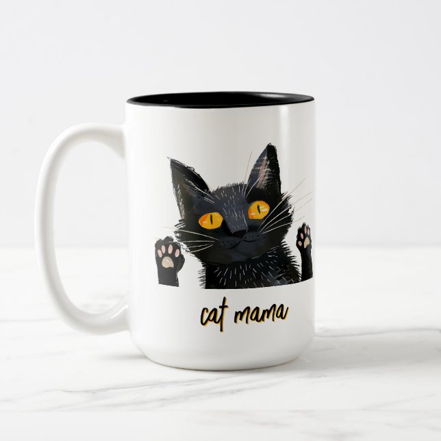 Personalize Cute Black Cat Mama Two-Tone Coffee Mug (Left)