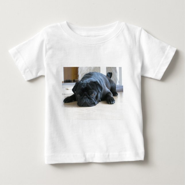 Personalize cute black Pug Puppy accessories name Baby T-Shirt (Front)