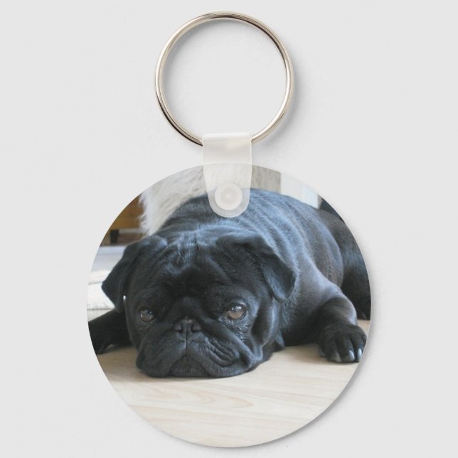 Personalize cute black Pug Puppy accessories name Keychain (Front)