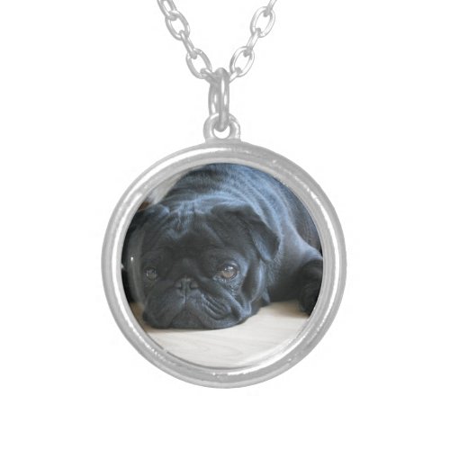 Personalize cute black Pug Puppy accessories name Silver Plated Necklace