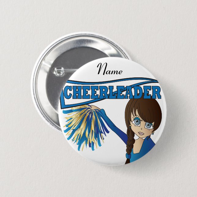 Personalize Cute Blue Cheerleader Girl Pinback Button (Front & Back)