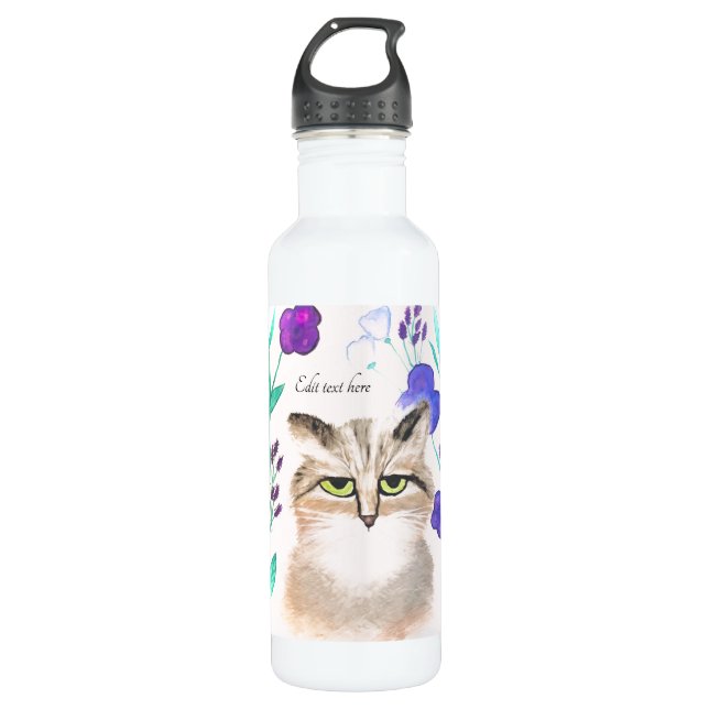 Personalize - Cute Cat Art Water Bottle (Front)