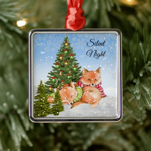Personalize Cute Christmas Fox Animal  Holiday Metal Ornament (Tree)
