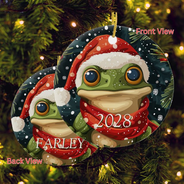 Personalize Cute Christmas Frog in Santa Hat Ceramic Ornament (Creator Uploaded)