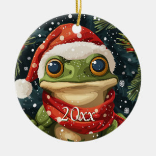 Personalize Cute Christmas Frog in Santa Hat Ceramic Ornament