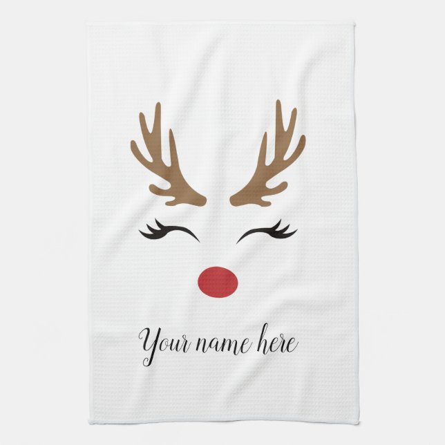 Personalize Cute Christmas Reindeer Face Kitchen Towel (Vertical)