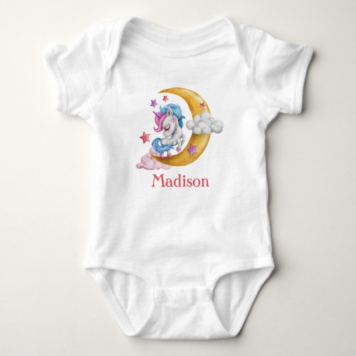 Personalize Cute Girly Unicorn Moon Clouds Pink  Baby Bodysuit