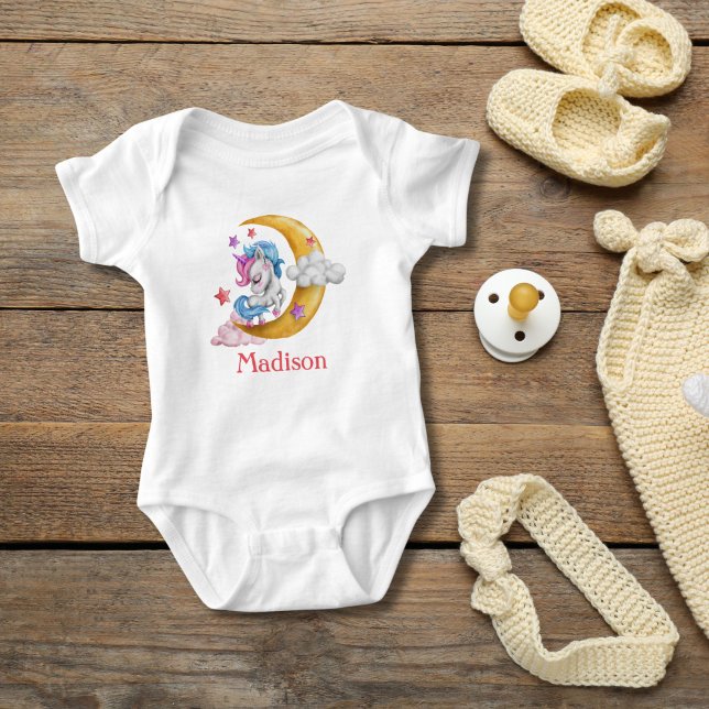 Personalize Cute Girly Unicorn Moon Clouds Pink  Baby Bodysuit (Personalized Monogrammed Unicorn Moon Clouds Baby girl baby body suit. Baby Shower gift, new baby )