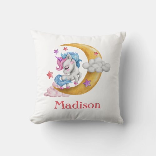 Personalize Cute Girly Unicorn Moon Clouds Pink  Throw Pillow