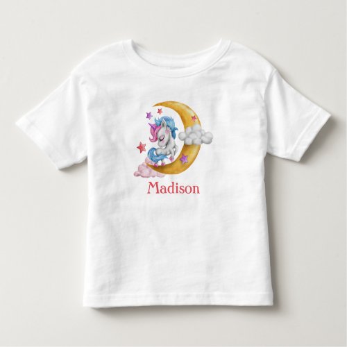 Personalize Cute Girly Unicorn Moon Clouds Pink  Toddler T_shirt