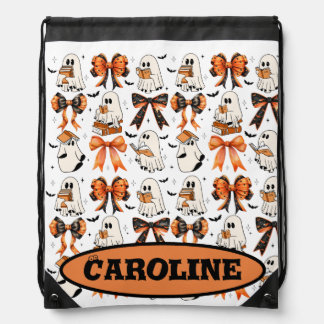 Personalize Cute Halloween Bows Ghosts Reading Drawstring Bag