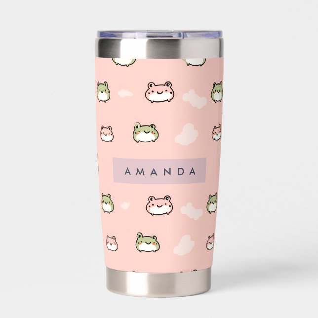 Personalize Cute Kawaii Pastel Frog Design on Pink Insulated Tumbler (Front)