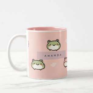 Personalize Cute Kawaii Pastel Frog Design on Pink Two-Tone Coffee Mug