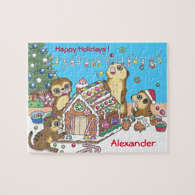 Personalize Cute Meerkats jigsaw puzzle blue (Horizontal)