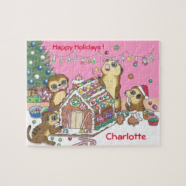 Personalize Cute Meerkats jigsaw puzzle pink (Horizontal)