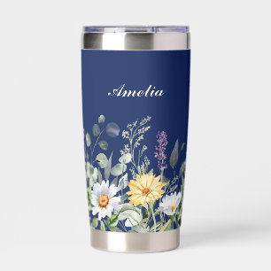Personalize Cute Navy Blue Boho Chic Wildflowers Insulated Tumbler