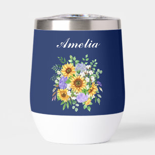 Personalize Cute Navy Blue Boho Chic Wildflowers Thermal Wine Tumbler