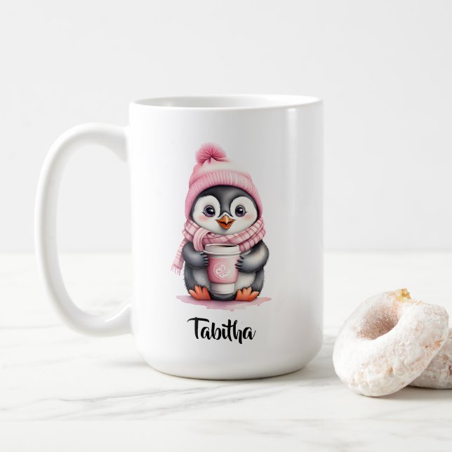 Personalize Cute Pink Penguin Christmas  Coffee Mug (With Donut)