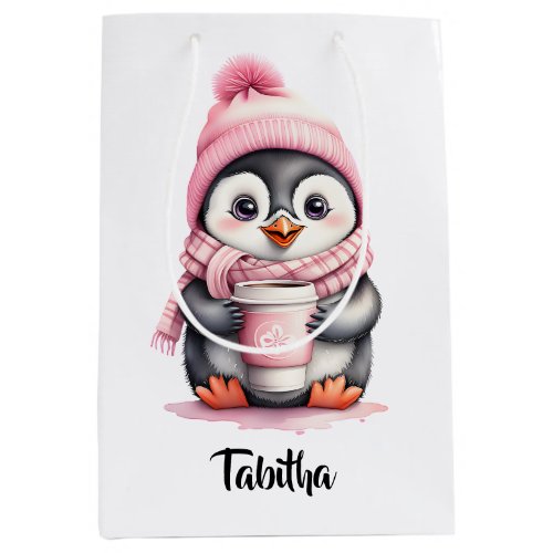 Personalize Cute Pink Penguin Christmas Gift Bag