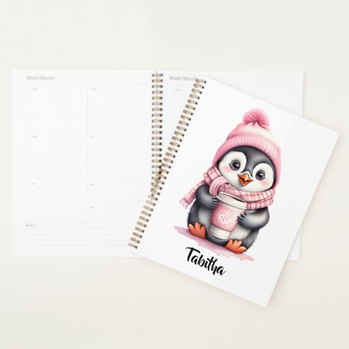 Personalize Cute Pink Penguin Christmas  Planner