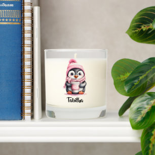 Personalize Cute Pink Penguin Christmas  Scented Candle