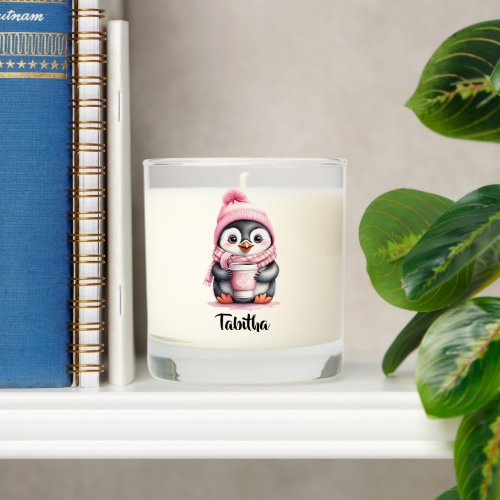 Personalize Cute Pink Penguin Christmas  Scented Candle