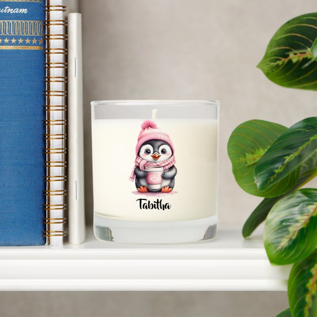 Personalize Cute Pink Penguin Christmas  Scented Candle (Shelf)
