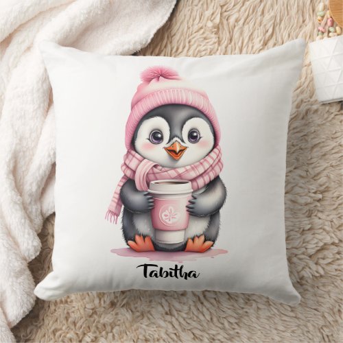 Personalize Cute Pink Penguin Christmas  Throw Pillow