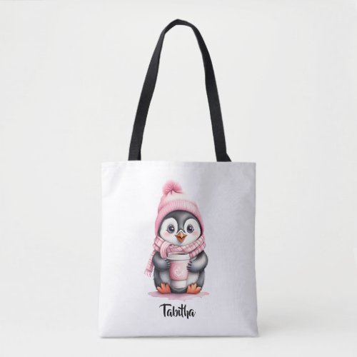 Personalize Cute Pink Penguin Christmas  Tote Bag