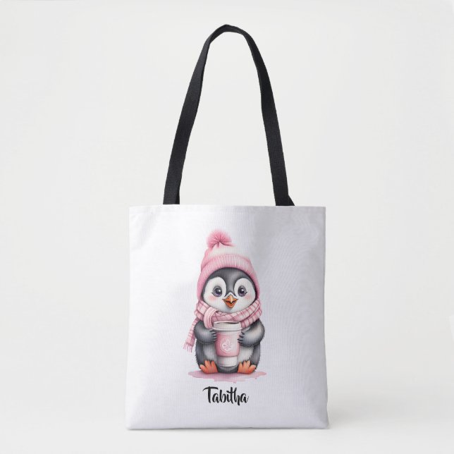 Personalize Cute Pink Penguin Christmas  Tote Bag (Front)