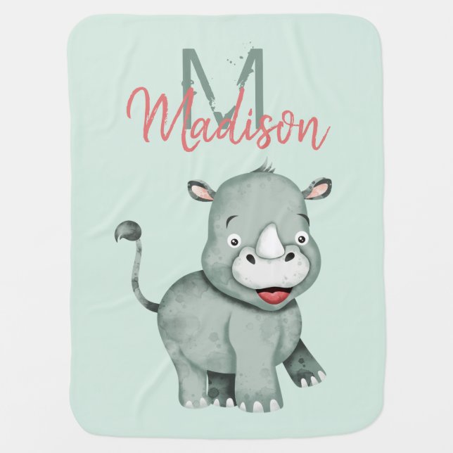 personalize cute rhino baby blanket (Front)