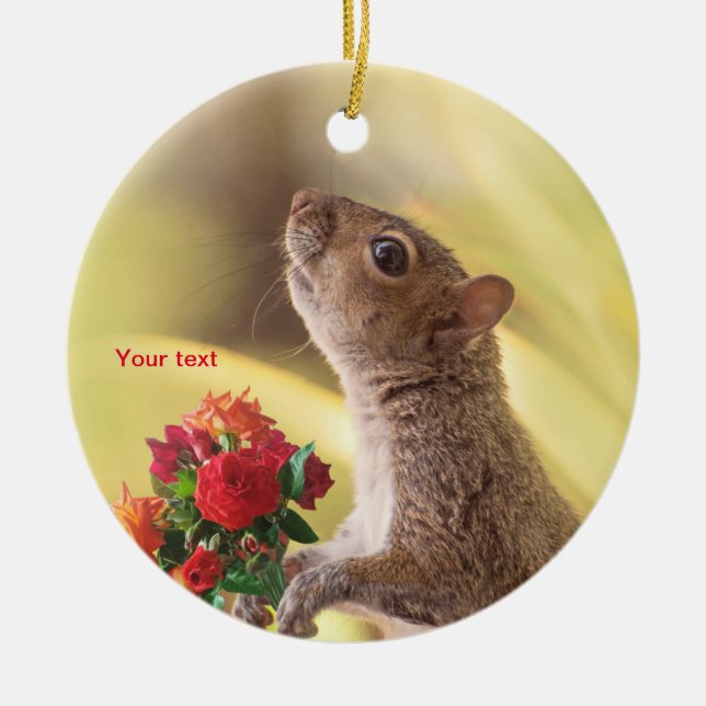 Personalize cute Squirrel animal with roses  Ceramic Ornament (Front)
