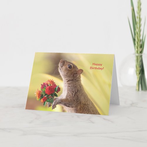 Personalize Cute Squirrel with roses Birthday Card