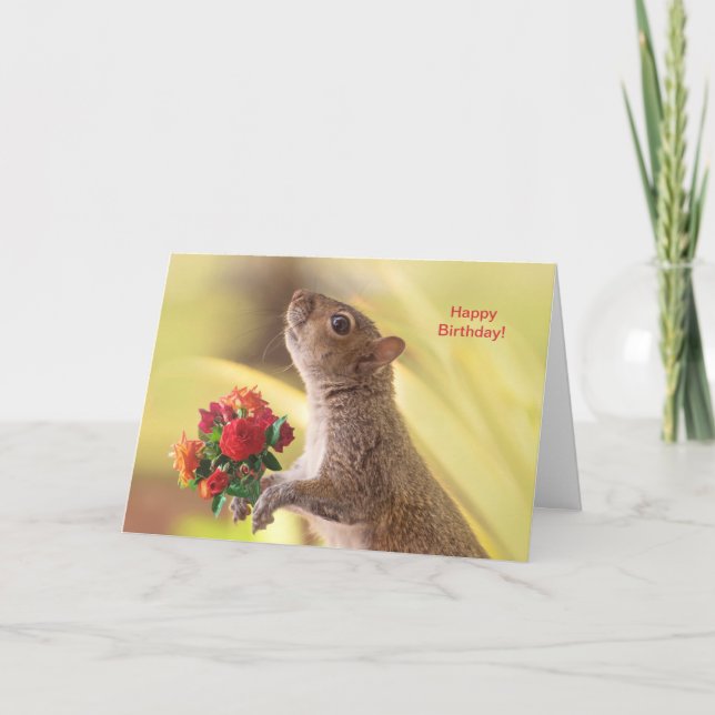 Personalize Cute Squirrel with roses Birthday Card (Front)