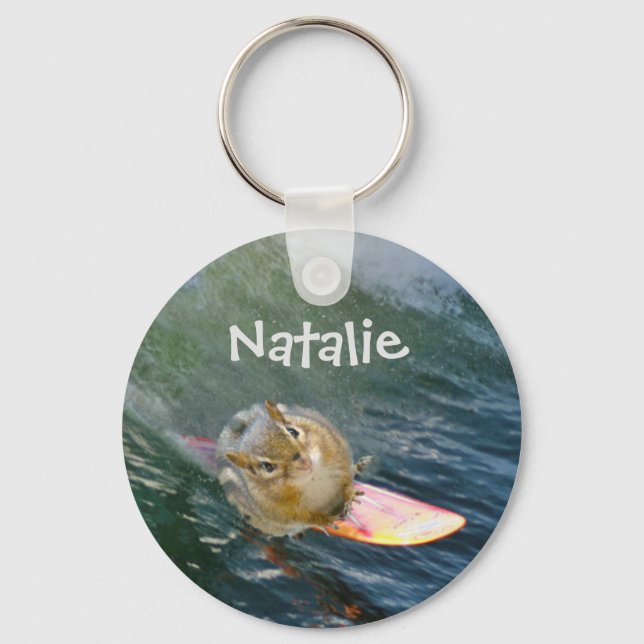 Personalize Cute Surfing Chipmunk Keychain (Front)