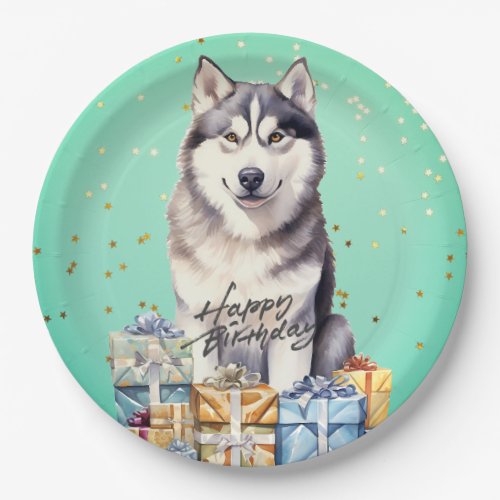 Personalize Cute Watercolor Husky Dog Paper Plate