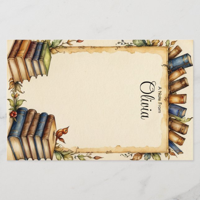Personalize Cute Whimsical Book Border  Stationery (Front)