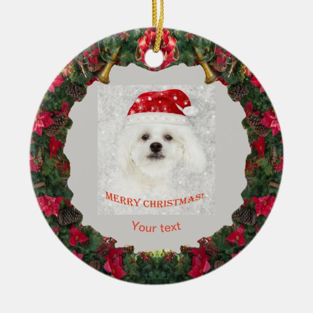 Personalize cute white dog Maltese puppy Ceramic Ornament (Front)