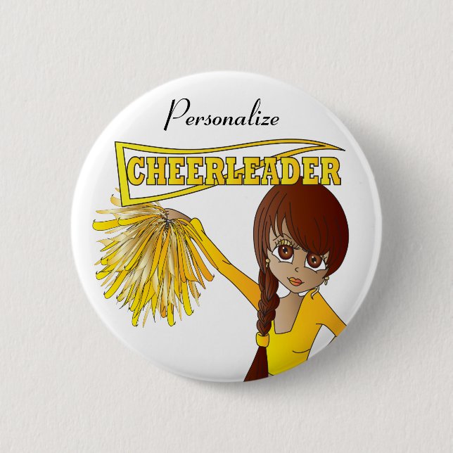 Personalize Cute Yellow Cheerleader Girl Pinback Button (Front)