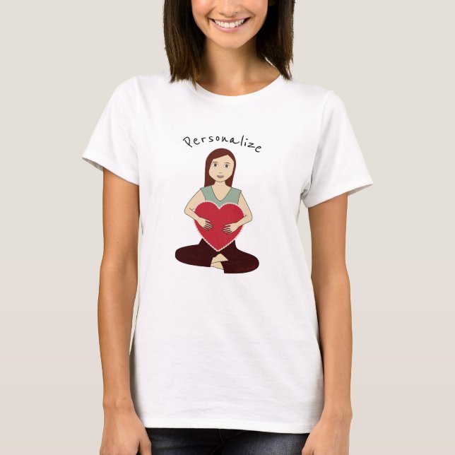 Personalize Cute Yoga Girl holding Red heart T-Shirt (Front)