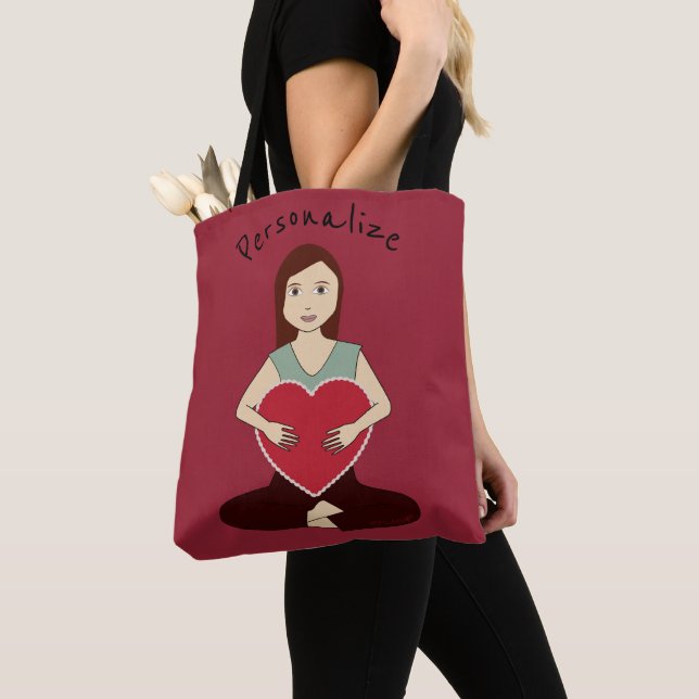 Personalize Cute Yoga Girl holding Red heart Tote Bag (Close Up)