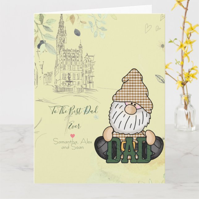 Personalize Dad Gnome | Green Vintage Dad Gift Card (Yellow Flower)