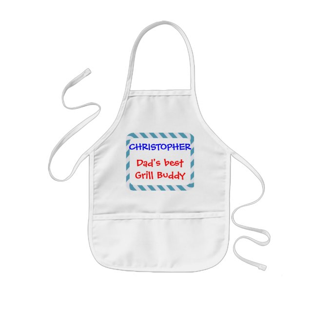 Personalize, Dad's Grill Buddy! Blue Stripes Kids' Apron (Front)