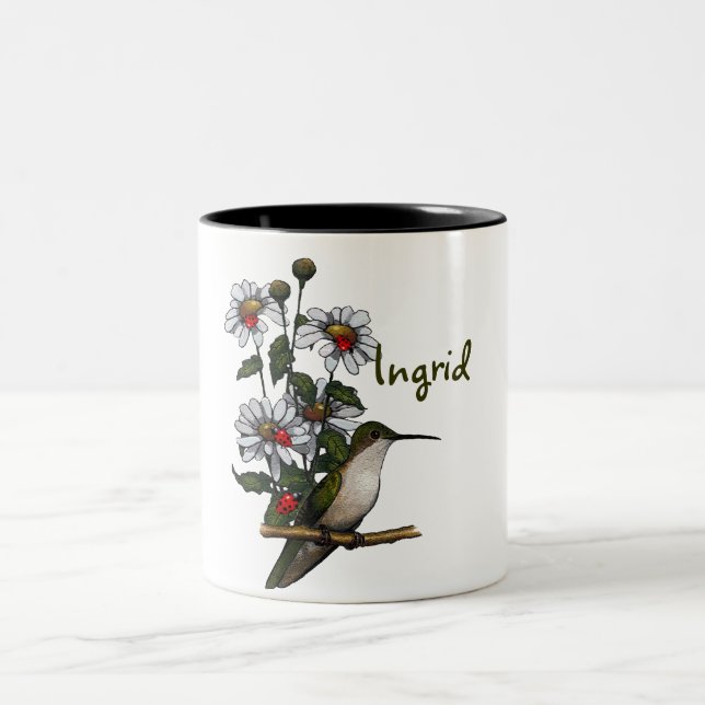 Personalize: Daisies, Hummingbird, Ladybugs: Art Two-Tone Coffee Mug (Center)