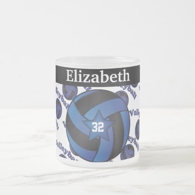 Personalize Dark Blue Volleyball Frosted Glass Coffee Mug (Center)