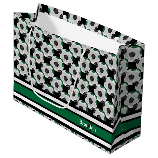 Personalize Dark Green and Black Soccer Balls Large Gift Bag (Front Angled)