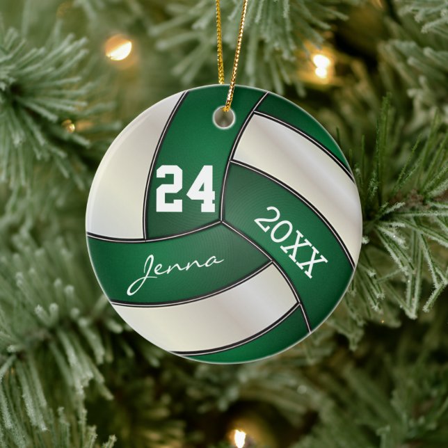 Personalize - Dark Green and White Volleyball Ceramic Ornament (Tree)