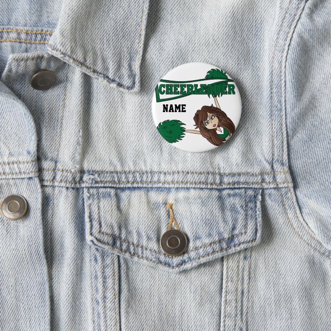 Personalize Dark Green Cheerleader Girl Pinback Button (In Situ)